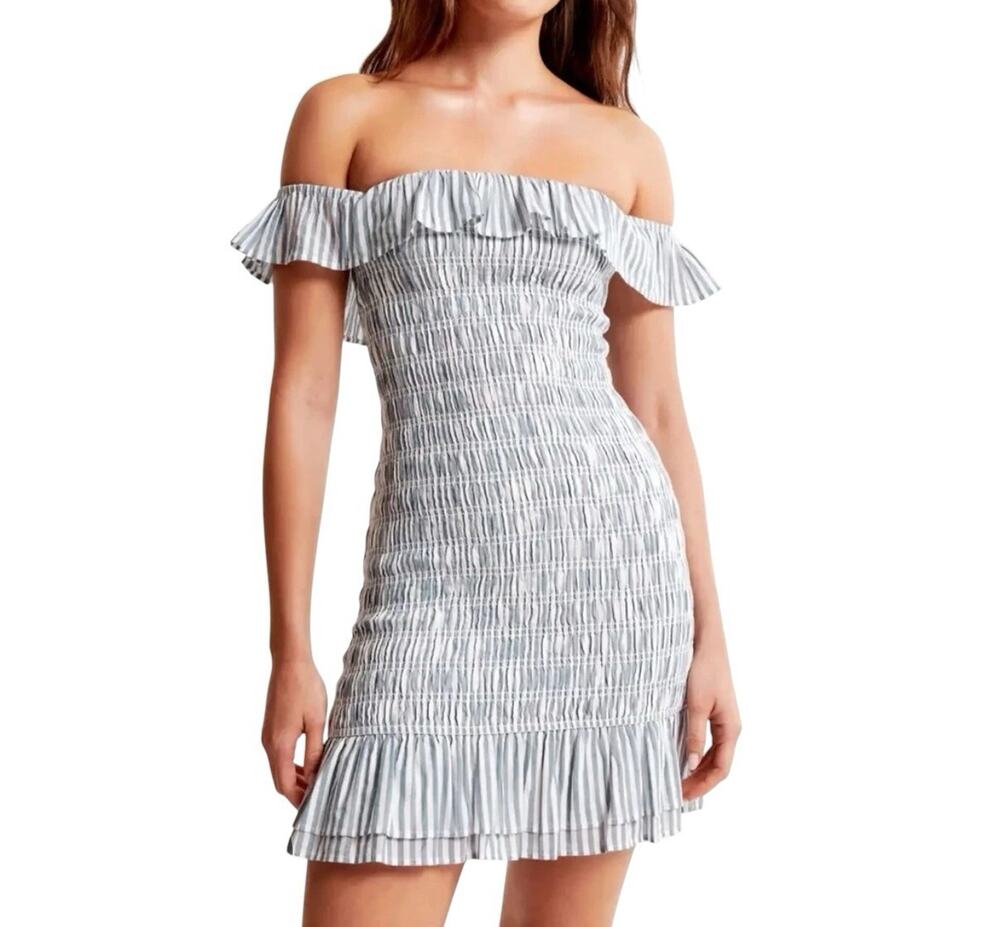 Abercrombie&Fitch Smocked Blue White SIZE LRG Stripe Off Shoulder Dress Milkmaid